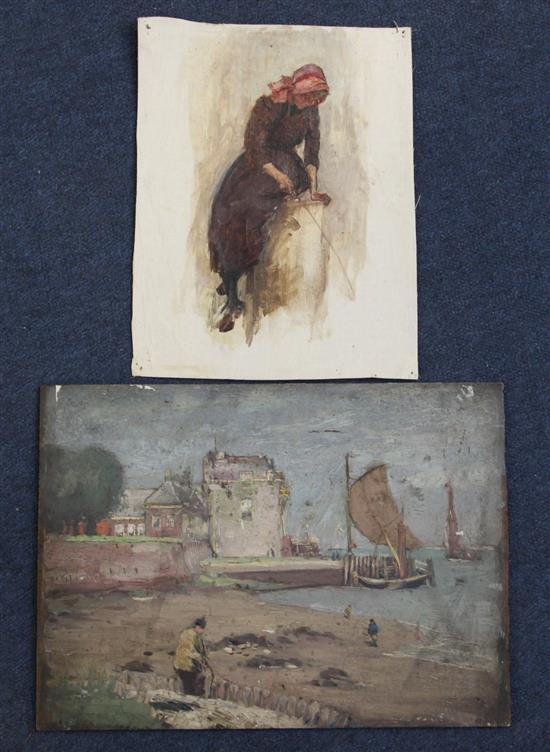 Harold Swanwick (1866-1929) Sketches of a woman at sunset, a woman on a bridge and a harbour scene, largest 9.5 x 13in., unframed.